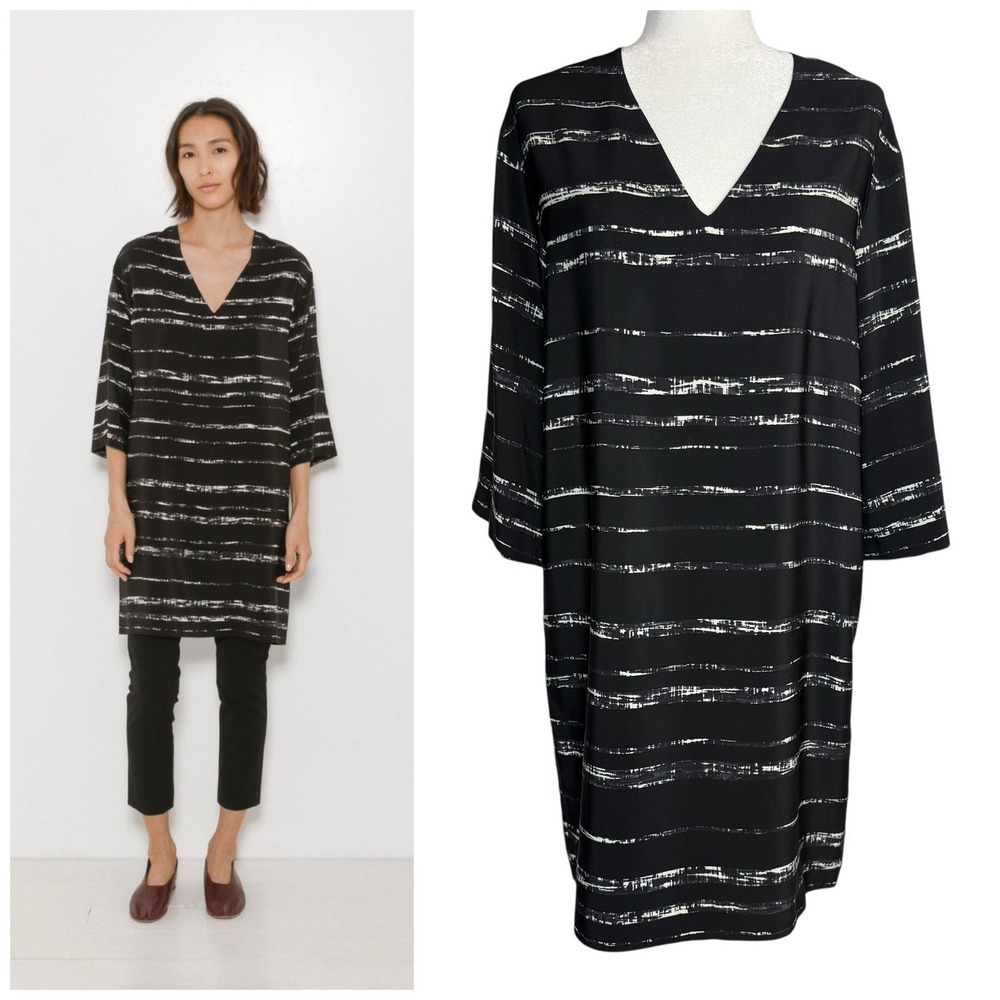 Vince 100% Silk Tunic Dress XS Black V-Neck Minimalist Quiet Luxury Oversized